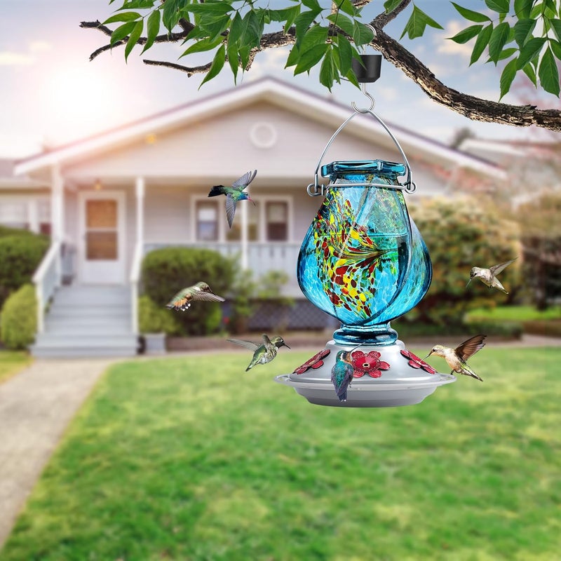 BOLITE Hummingbird Feeder, Hand Blown Glass Hummingbird Feeders for Outdoors Hanging, with Ant Moat and 5 Feeding Ports, 22 Ounces, Blue, Birthday Gifts for Women Men, Gifts for Mom Dad - Image 5